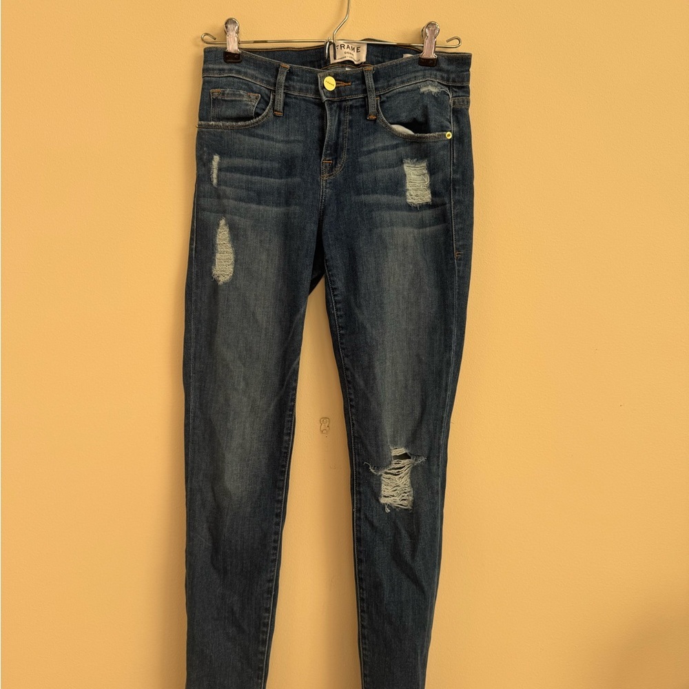 Frame Denim Women's Distressed Dark Blue Skinny Jeans